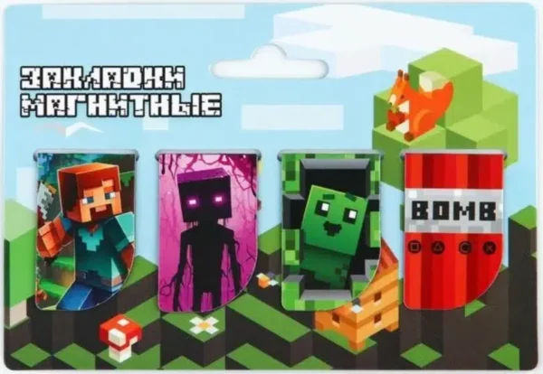Закладки магнитные мини 4 шт на подложке «Крипер»