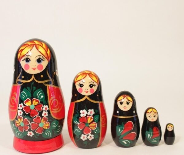 Матрешка Незабудка черный платок 5 кукольная